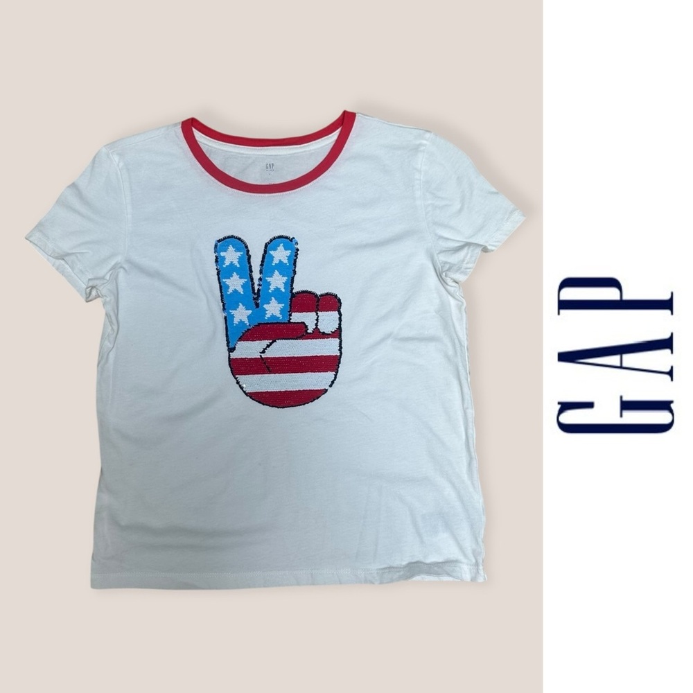 GAP Peace Sign Flag Short Sleeve Flippy Sequin Tee, Size XL,‎ MSRP $22